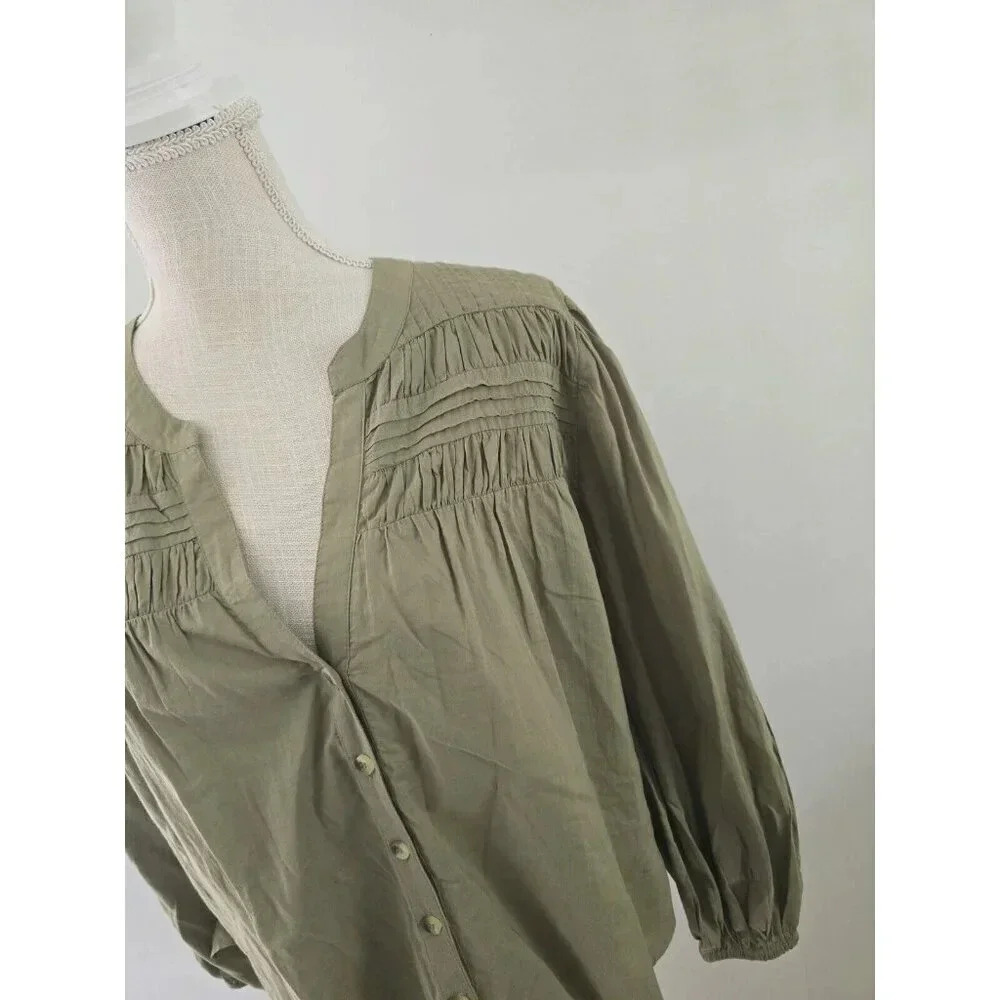 Cleobella River Pintuck Cotton Puff Sleeves Button Up Olive Green Blouse Top S - Picture 4 of 10